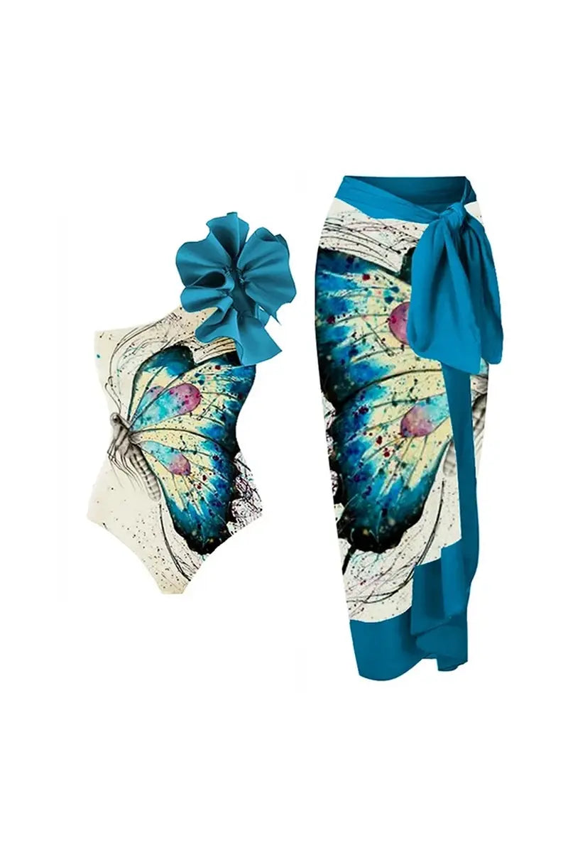 One Shoulder Butterfly Print Floral Swimsuit