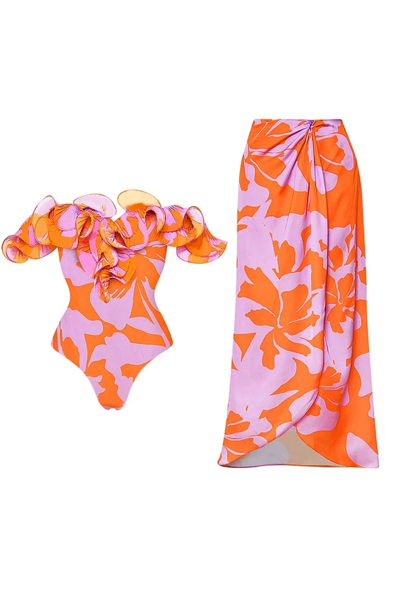 Strapless Ruffle Floral Print One Piece Swimsuit