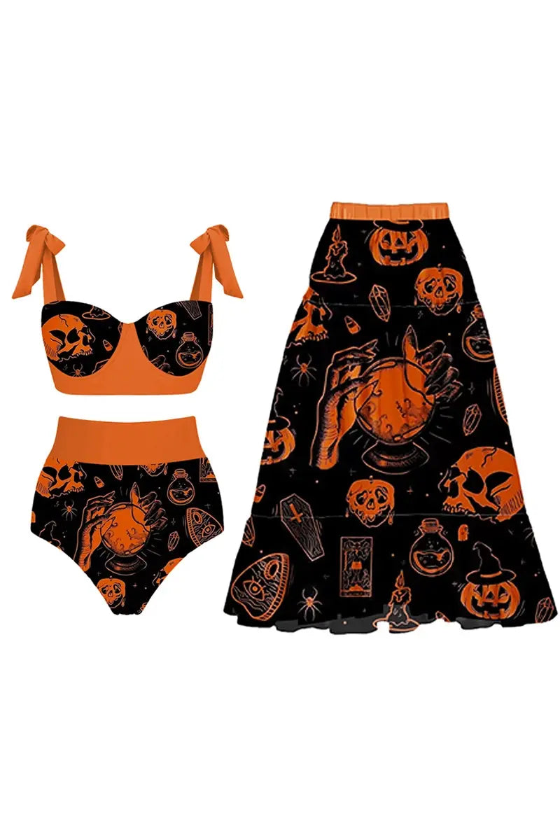 Halloween Pumpkin Skull Print Bikini Set