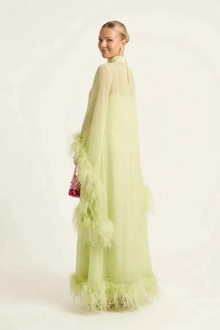 Lime Green Sheer Feather Cape Maxi Dress