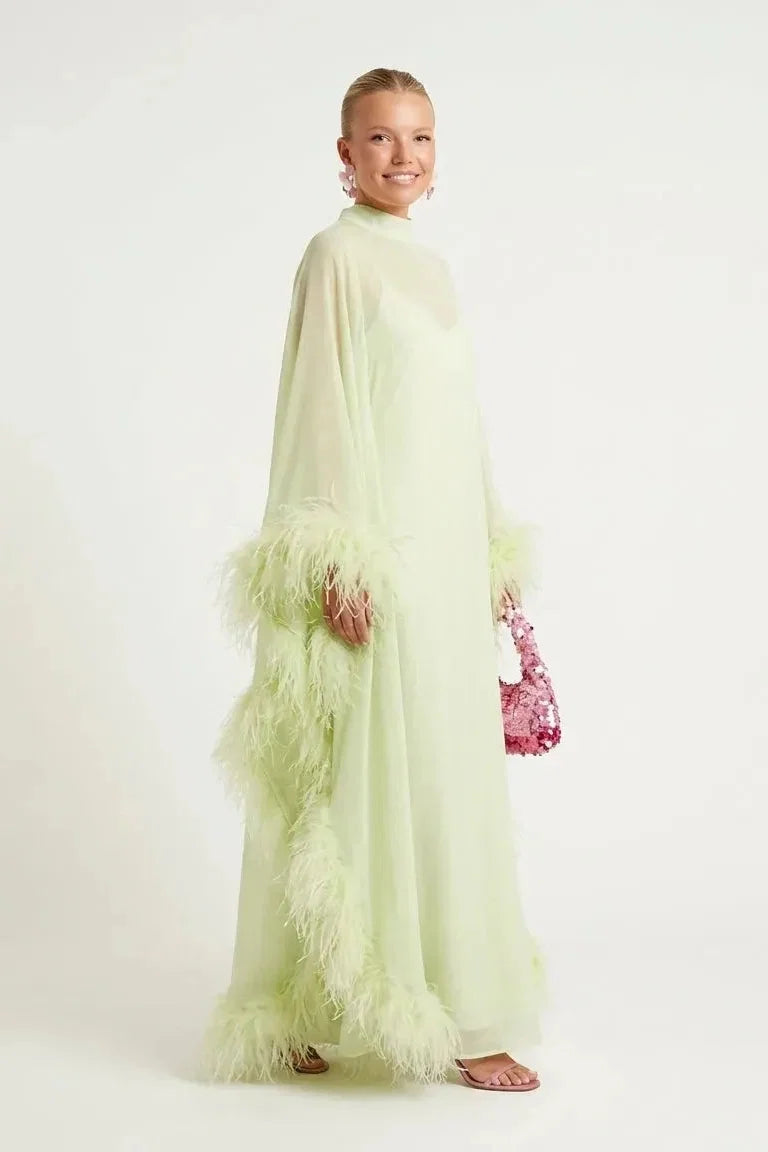 Lime Green Sheer Feather Cape Maxi Dress