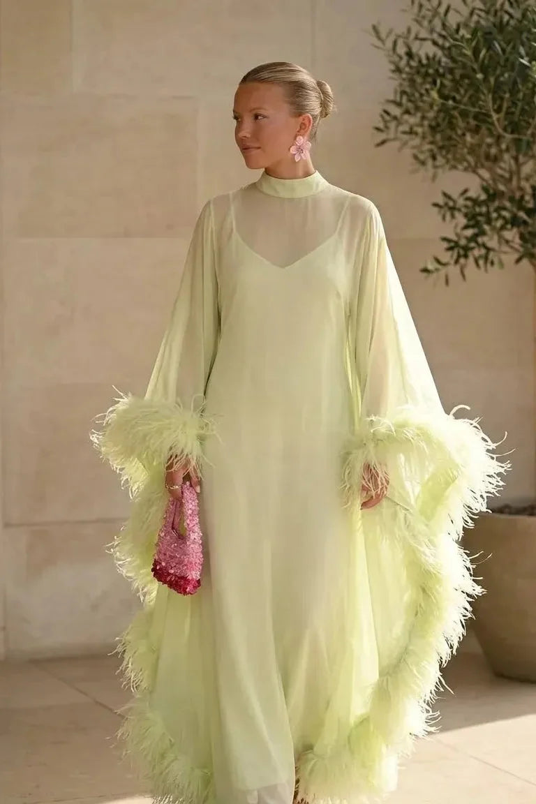 Lime Green Sheer Feather Cape Maxi Dress