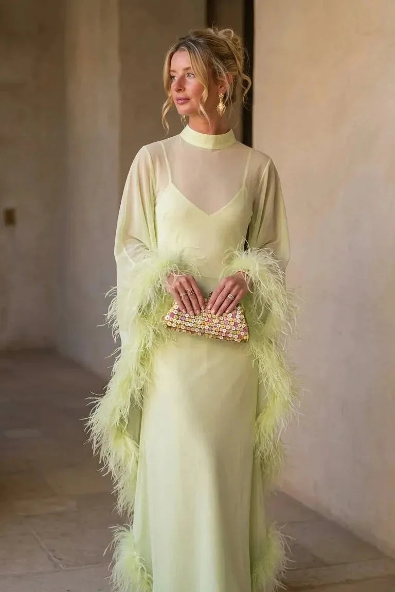 Lime Green Sheer Feather Cape Maxi Dress