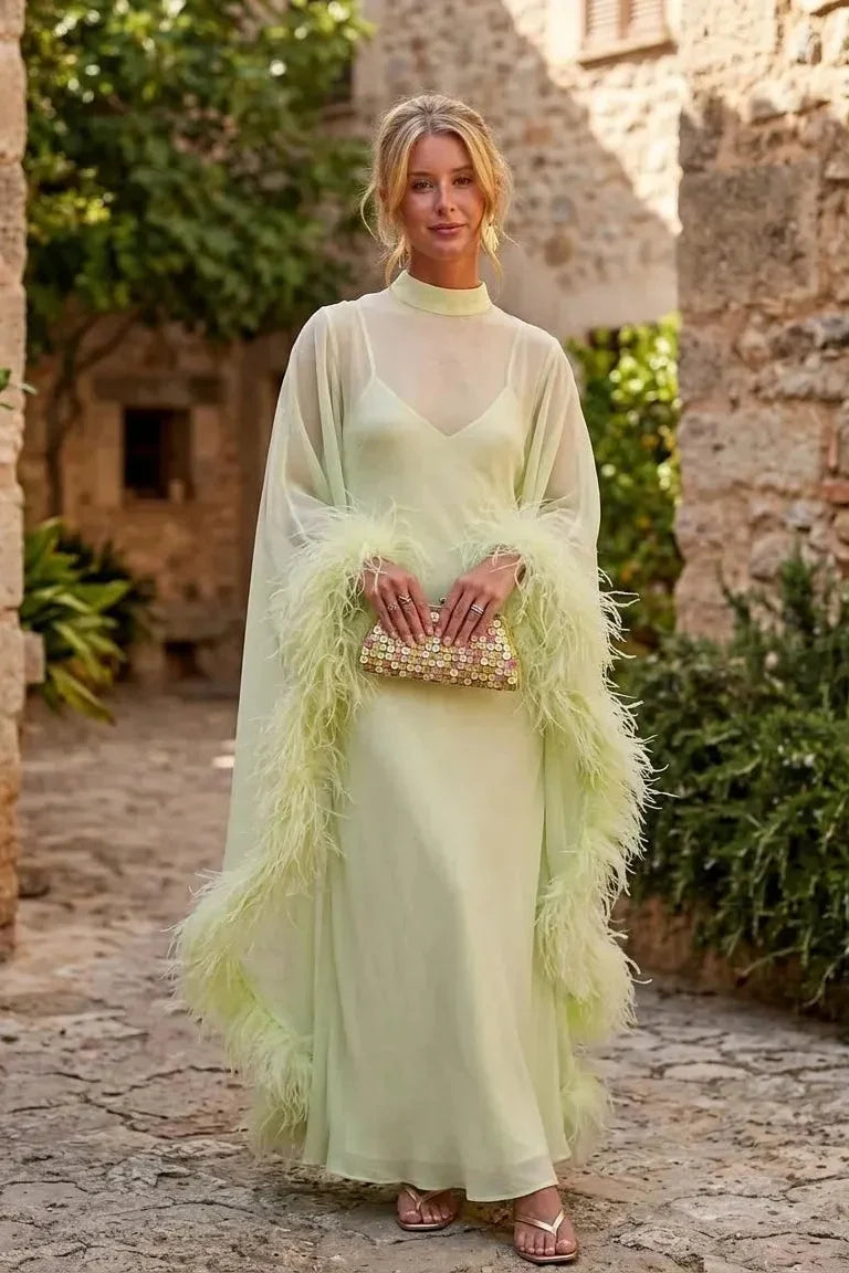 Lime Green Sheer Feather Cape Maxi Dress