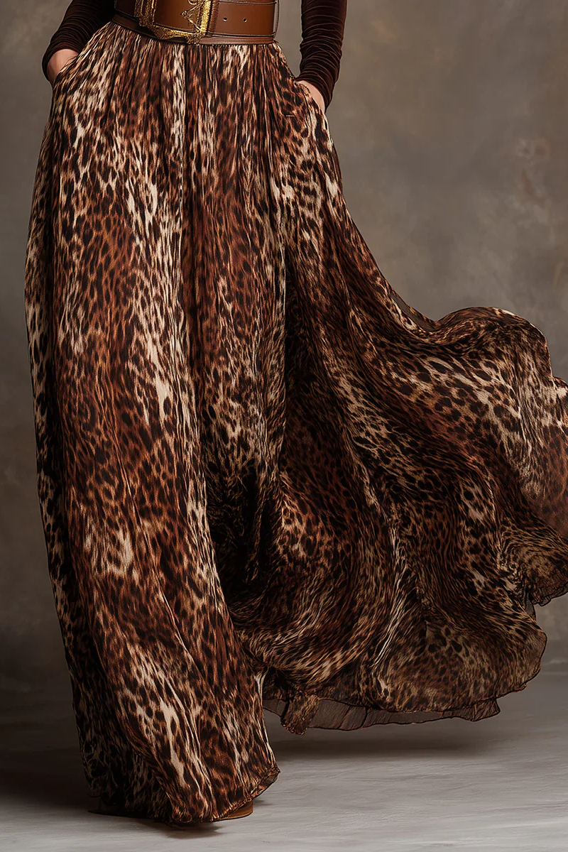 Elegant Velvet Turtleneck Top and Leopard Print Skirt Set