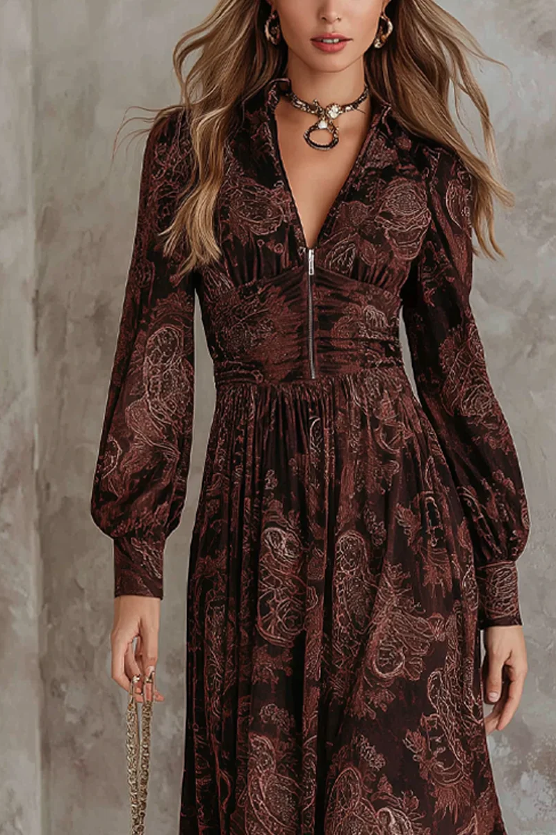 Brown Paisley Zippered Waist Maxi Dress