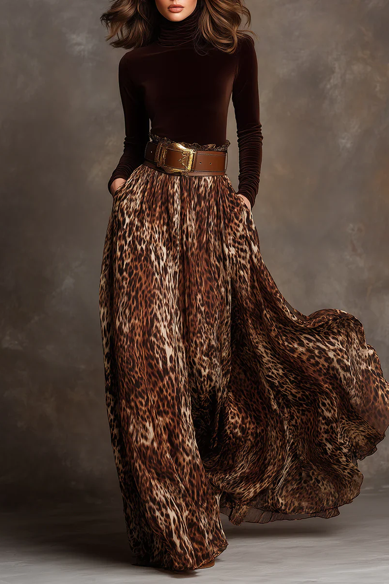 Elegant Velvet Turtleneck Top and Leopard Print Skirt Set