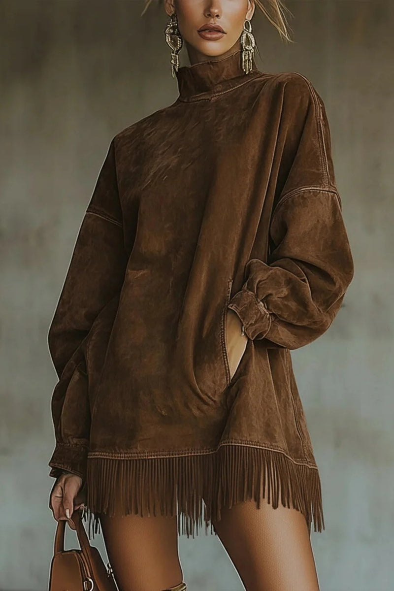 Faux Suede Turtleneck Dress With Fringe Hem