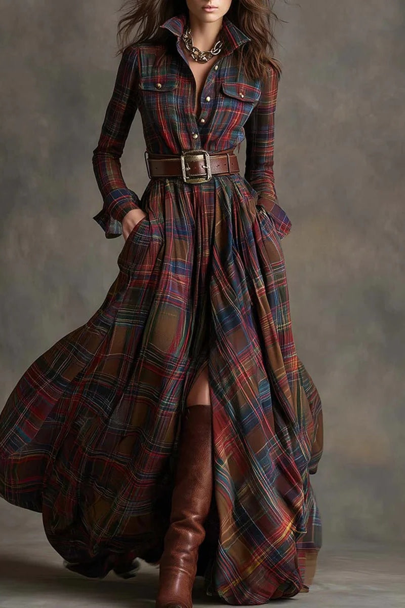 Retro Lapel Reddish Brown Plaid Maxi Dress