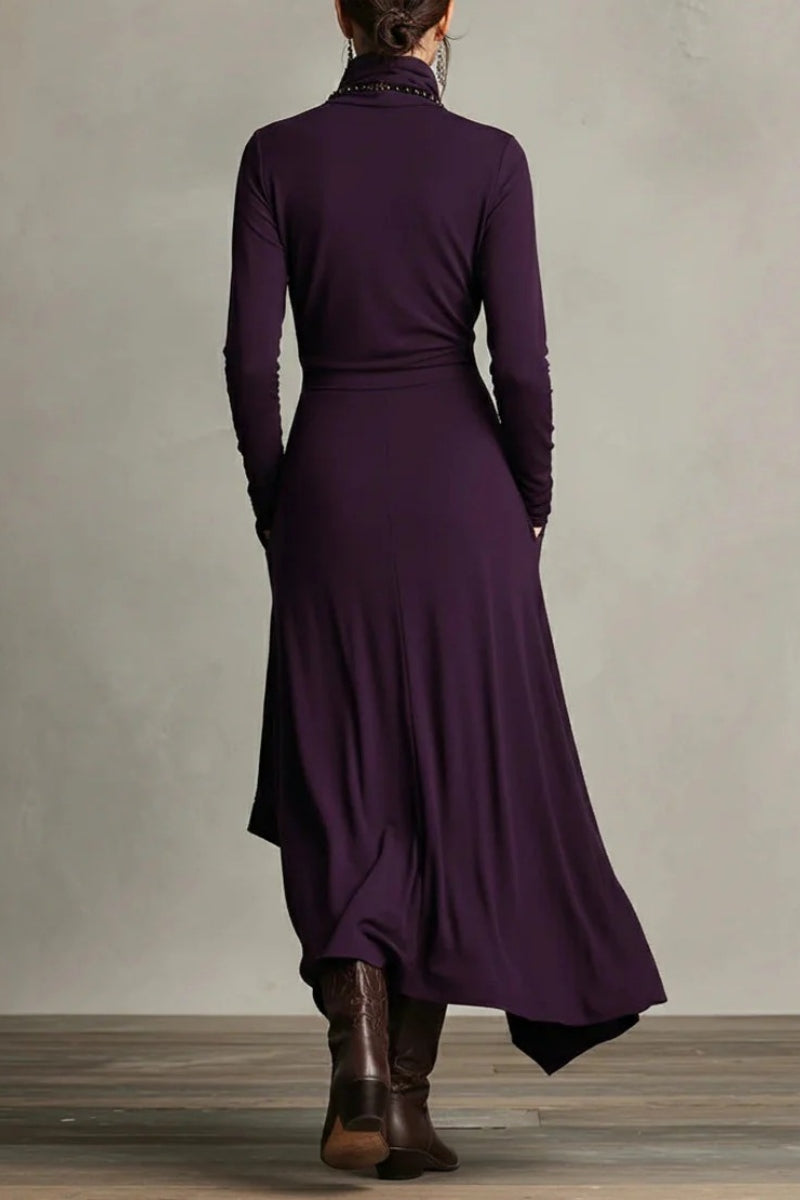 Purple High-neck Asymmetrical Pleated Maxi Dress