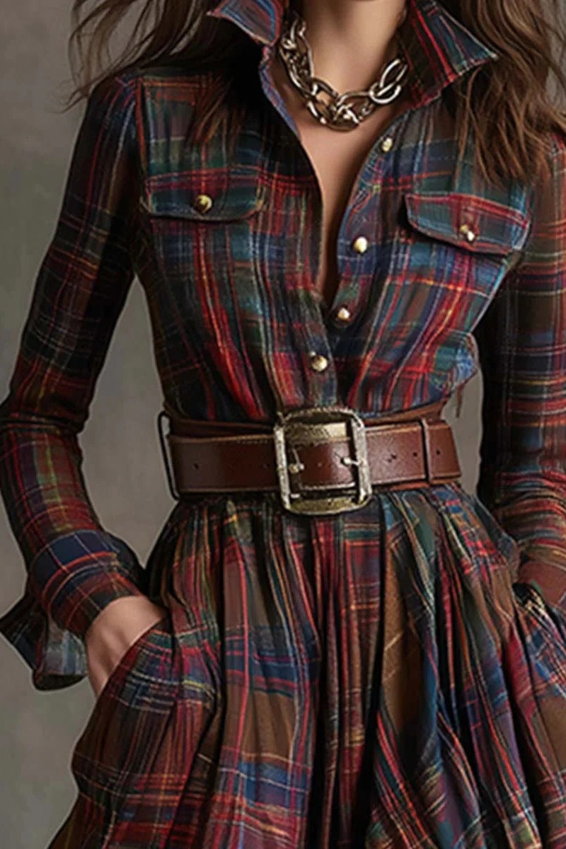 Retro Lapel Reddish Brown Plaid Maxi Dress