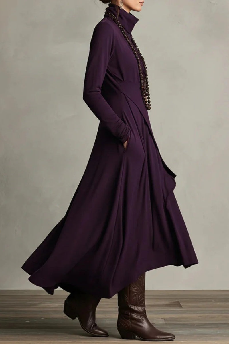 Purple High-neck Asymmetrical Pleated Maxi Dress