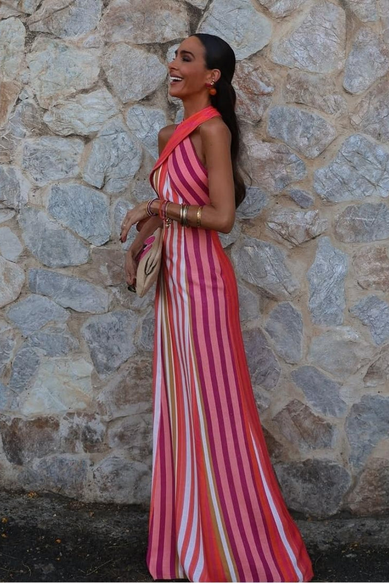 Sunset Samba Cross-Halter Stripe Dress