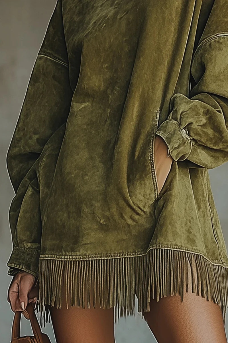 Faux Suede Turtleneck Dress With Fringe Hem