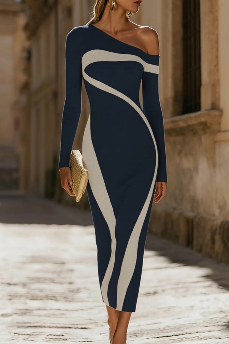 Elegant Monochrome Contrast One - Shoulder Bodycon Dress