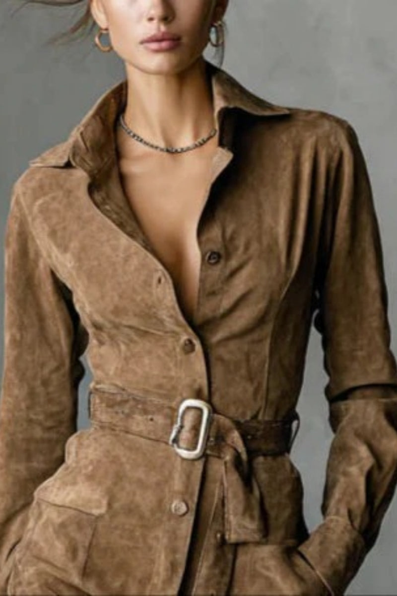 Suede Single Breasted Lapel Long Sleeve Midi Dress（Includes belt）