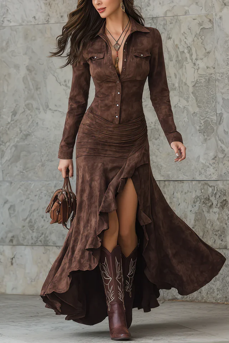 Retro Brown Irregular Ruffle Lapel Long Dress