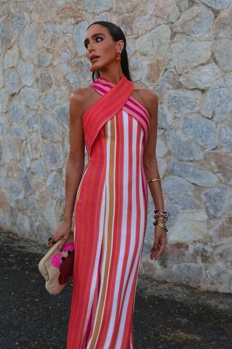 Sunset Samba Cross-Halter Stripe Dress
