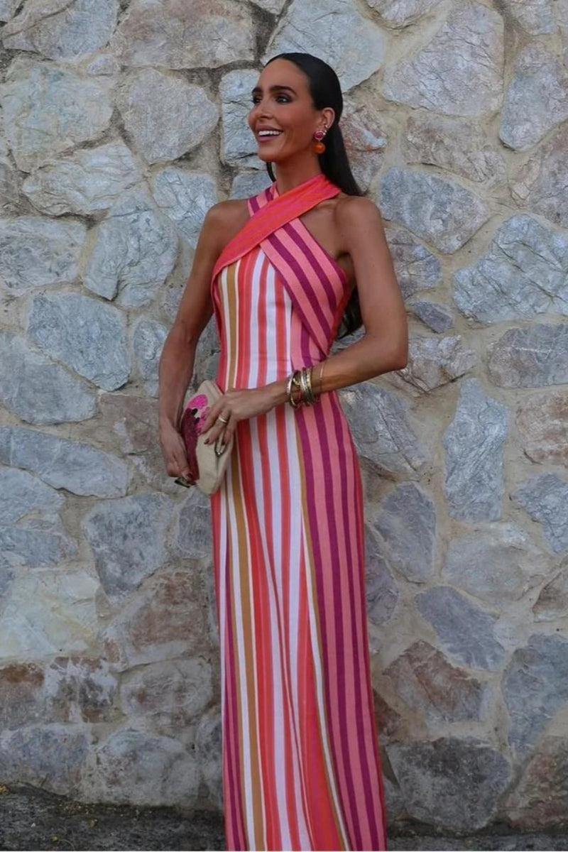 Sunset Samba Cross-Halter Stripe Dress