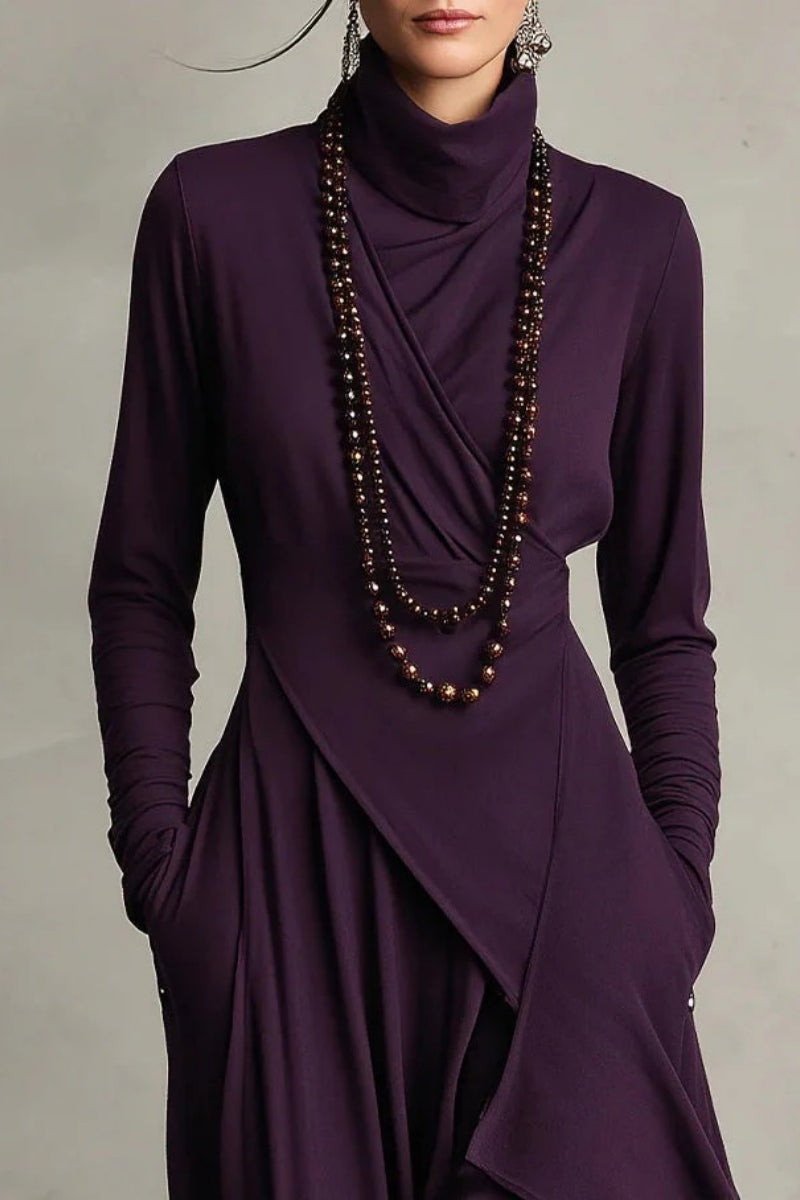 Purple High-neck Asymmetrical Pleated Maxi Dress