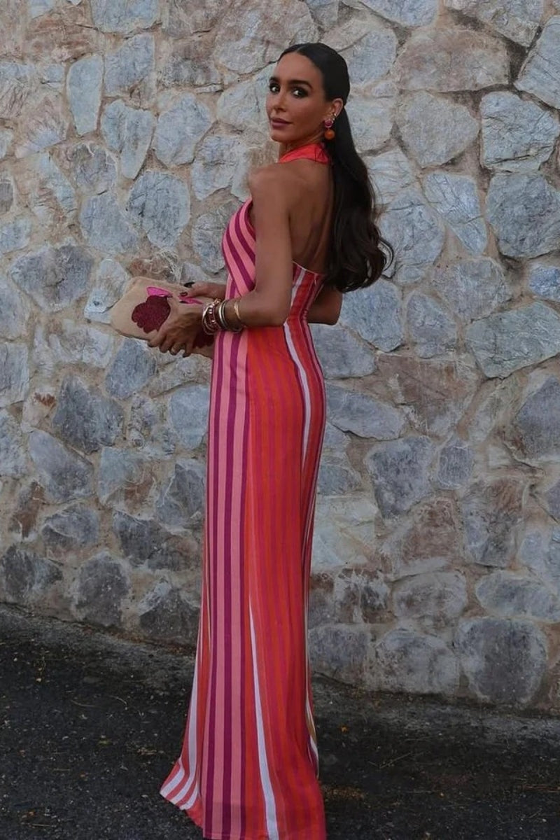 Sunset Samba Cross-Halter Stripe Dress