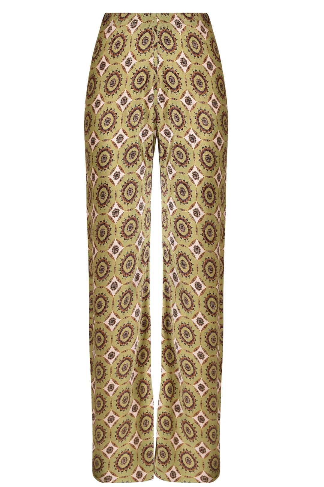 Pantalones acampanados de satén estampado y corte al bies