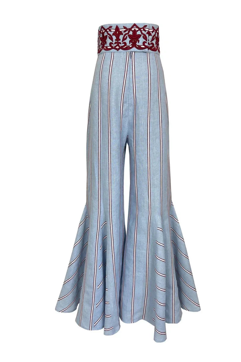 Blue Striped Wide-Leg Pants