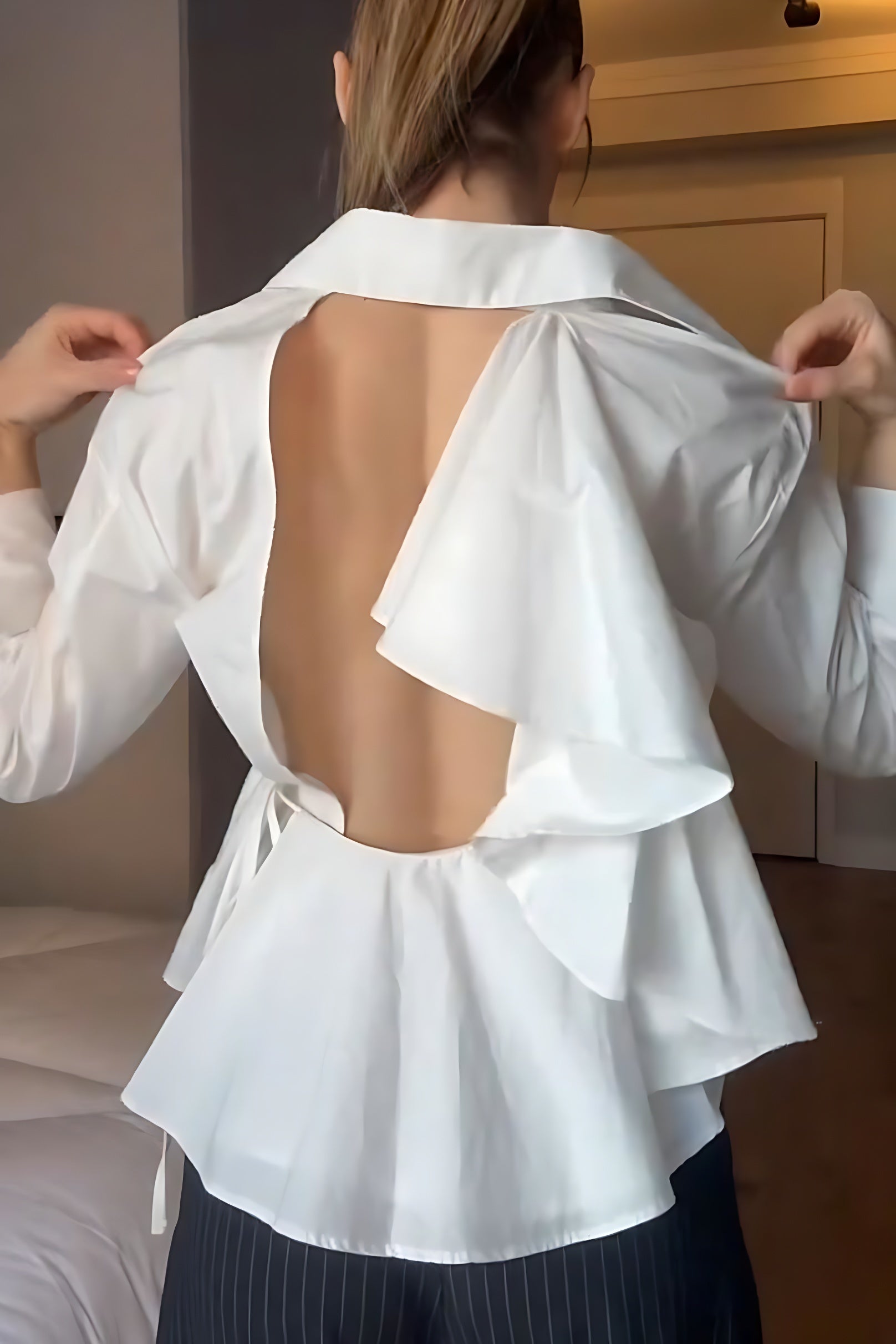 Whispered Folds Open-Back Shirt